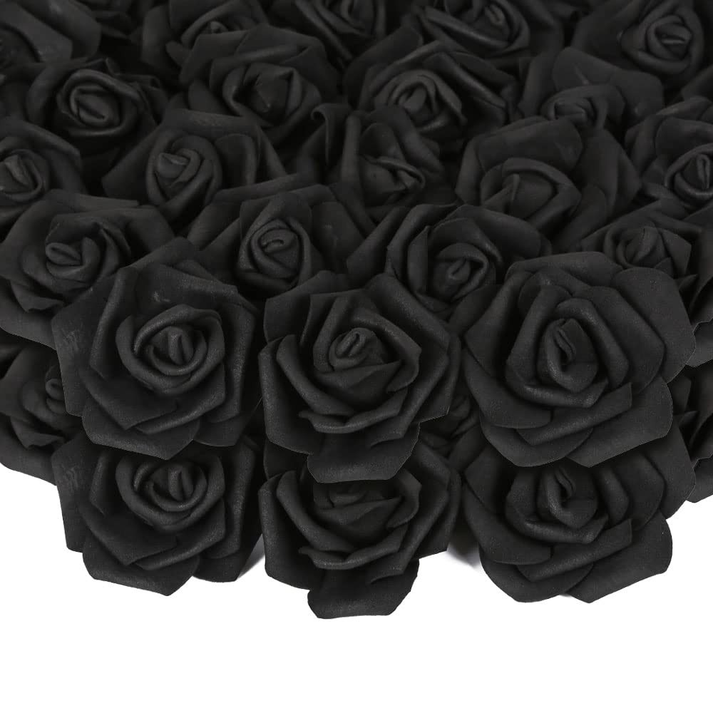 INSUNSIX 200pcs Black Artificial Foam Rose Flower Head, 3-Inch Fake Flower He…