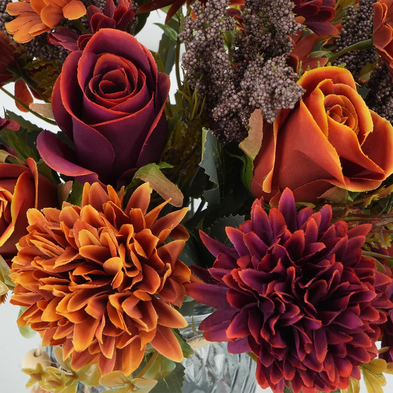 MHMJON Fall Silk Flowers Roses Daisies Vase 3 Bundles