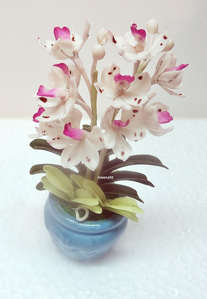 US Stock 4″H Air-Dry-Clay Handmade Miniature Rhyncho Orchid Arrangement in Pot.