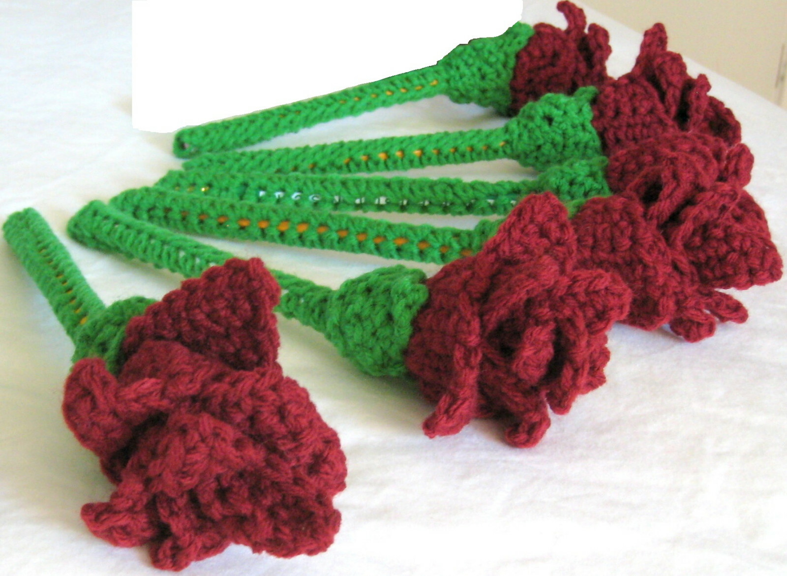6 HANDMADE Knit CROCHET Long GREEN Stem MAROON ROSE Flower FLORAL Decor BOUQUET!