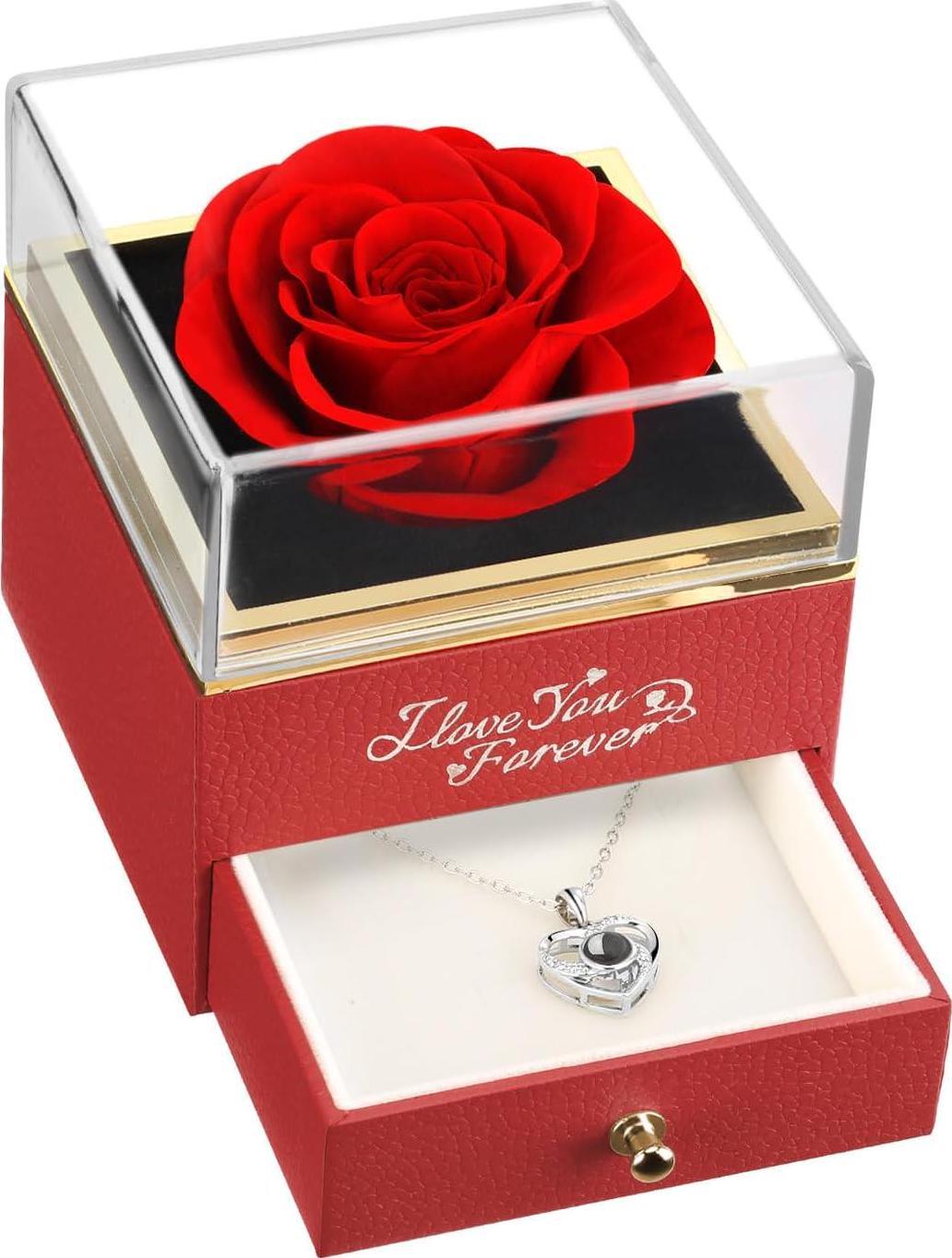 Red Rose Mother’s Day Preserved Forever Roses Gift W/Hidden I Love You Necklace