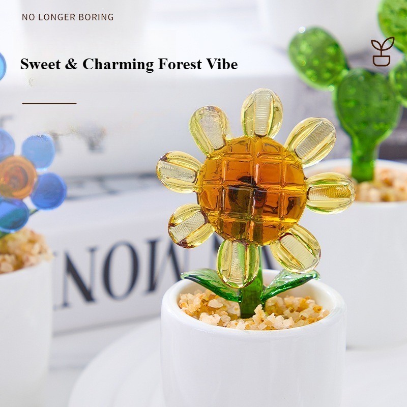 Cute Glass Cactus Ornament Miniature Glazed Plant Decor for Home Desktop Table
