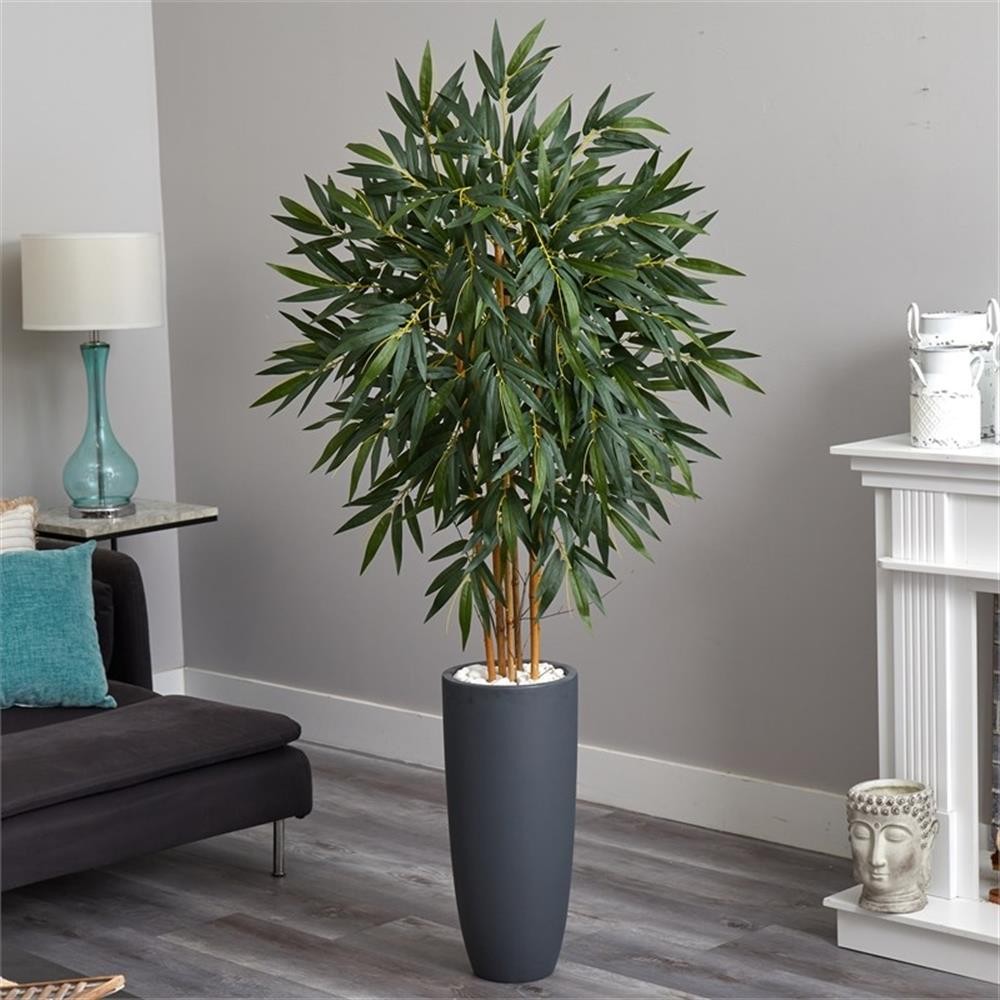 Pemberly Row 78″ Bamboo Artificial Tree in Gray Cylinder Planter in Green/Gray