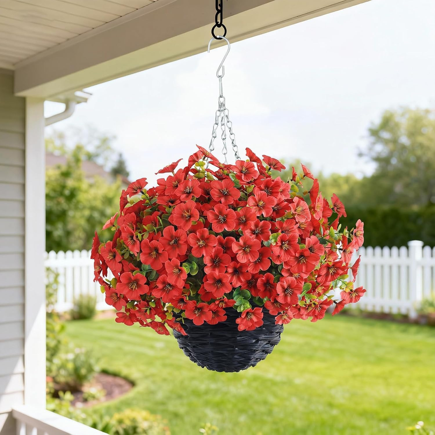 Red Artificial Morning Glory & Eucalyptus Hanging Baskets for Outdoor Decor