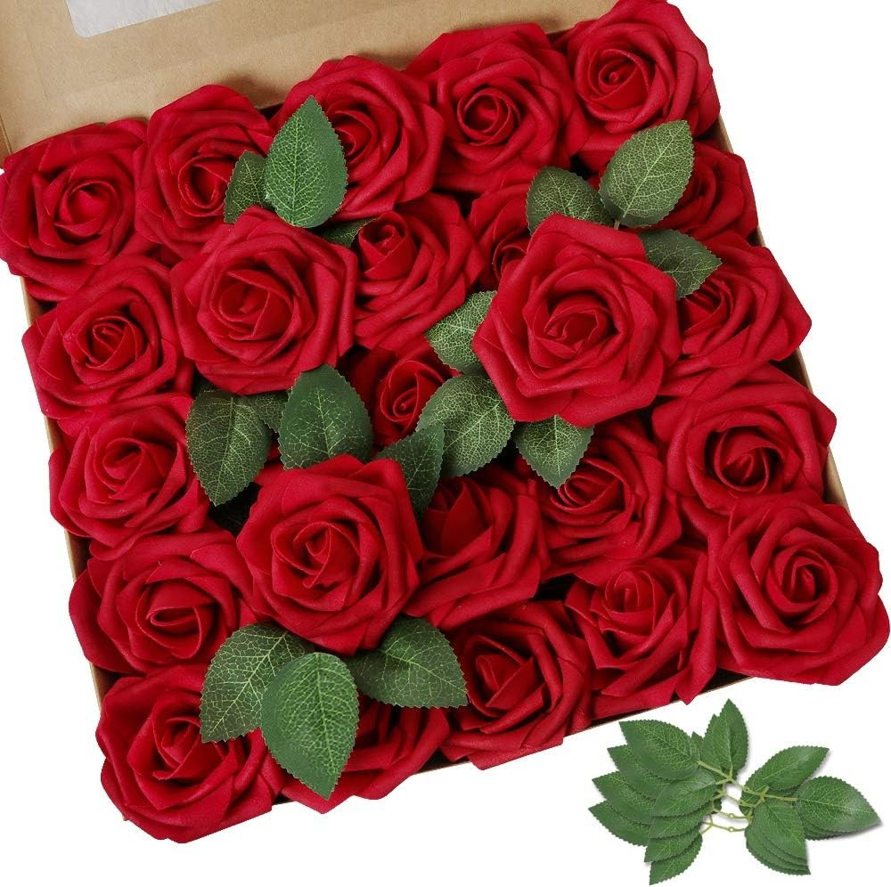 AmyHomie Artificial Flowers Dark Red Rose 50pcs Real Looking Fake Roses w/Stem f