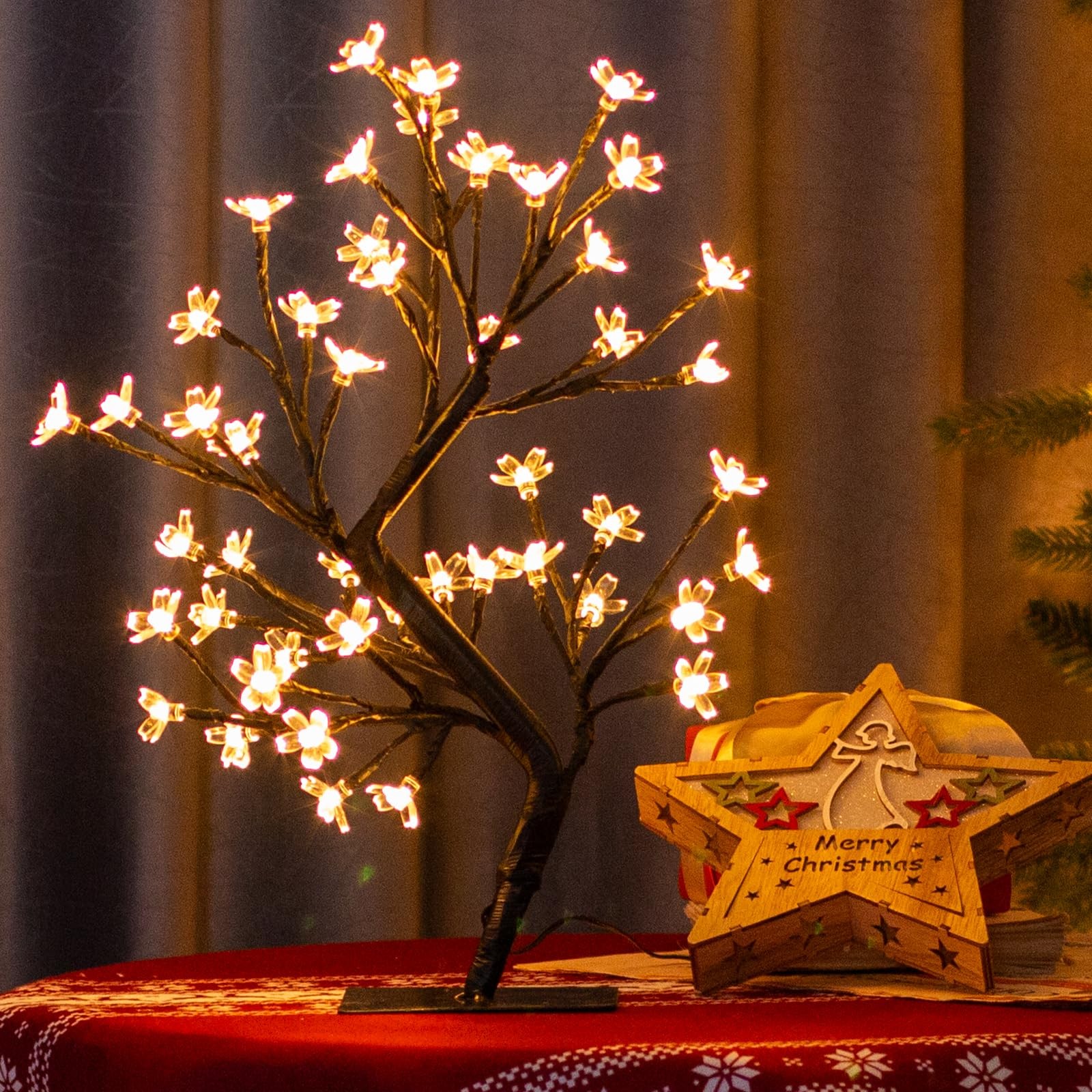 17.5 Inch Lighted Cherry Blossom Tree 48 Warm White Lights Plug Bonsai Decor