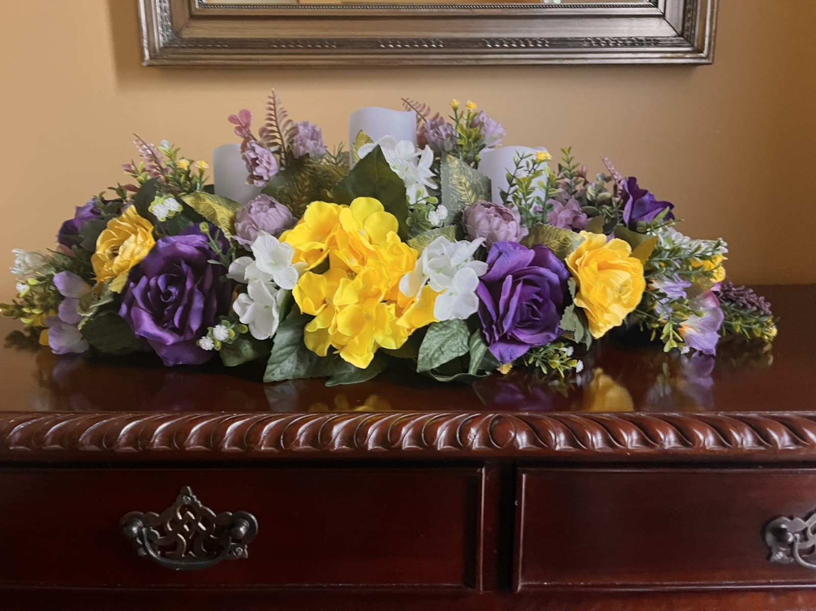 Purple Hydrangea And Roses Floral Arrangement Purple Pillar Candle Centerpiece