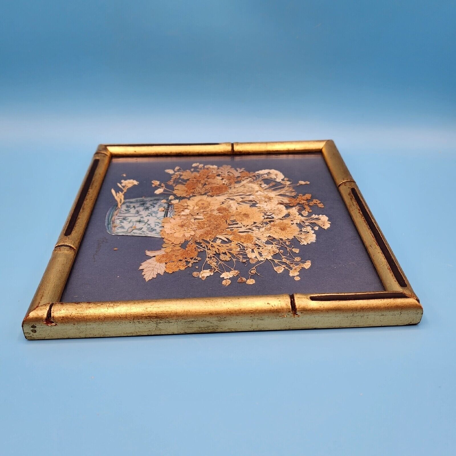 Garden Flowers of Summertime Pressed Flower Botanical Art Faux Bamboo Frame v1