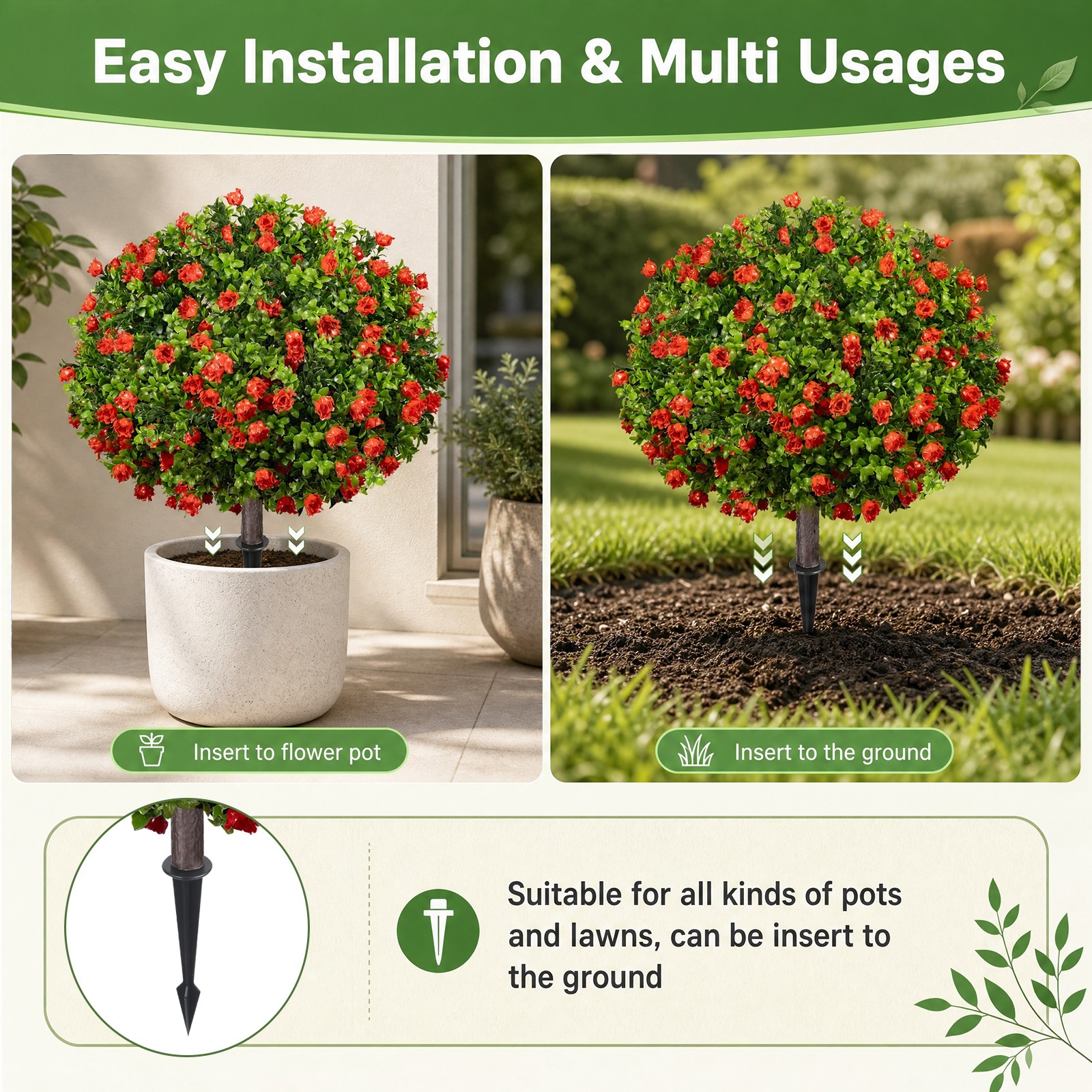 2Pcs Artificial Boxwood Topiary Ball Trees with Ground Spike UV protected NEW