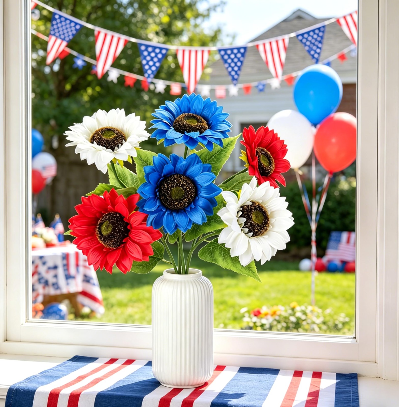 6PCS Patriotic Sunflower Bouquet – Red White and Blue Flowers with 3 American…
