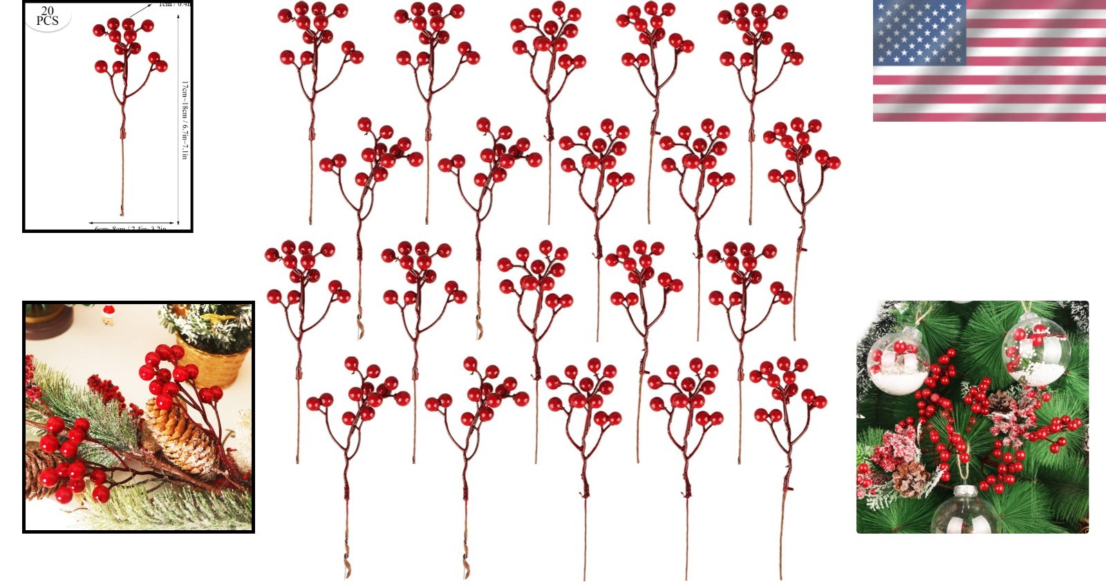 20 Pack 7 Inch Artificial Red Berry Picks for Christmas Tree Burgundy Red Ber…