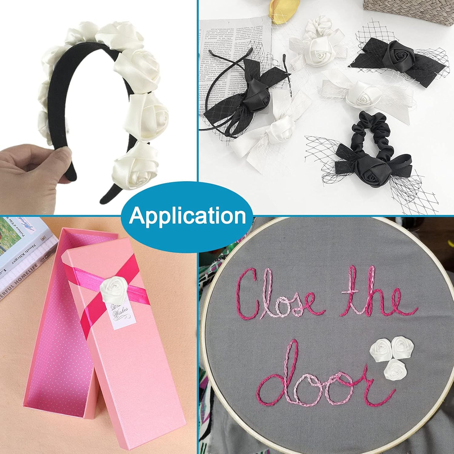 50Pcs Satin Ribbon Rose 4D Handmade Fabric Flowers 1.4″ for DIY Wedding Bouquet