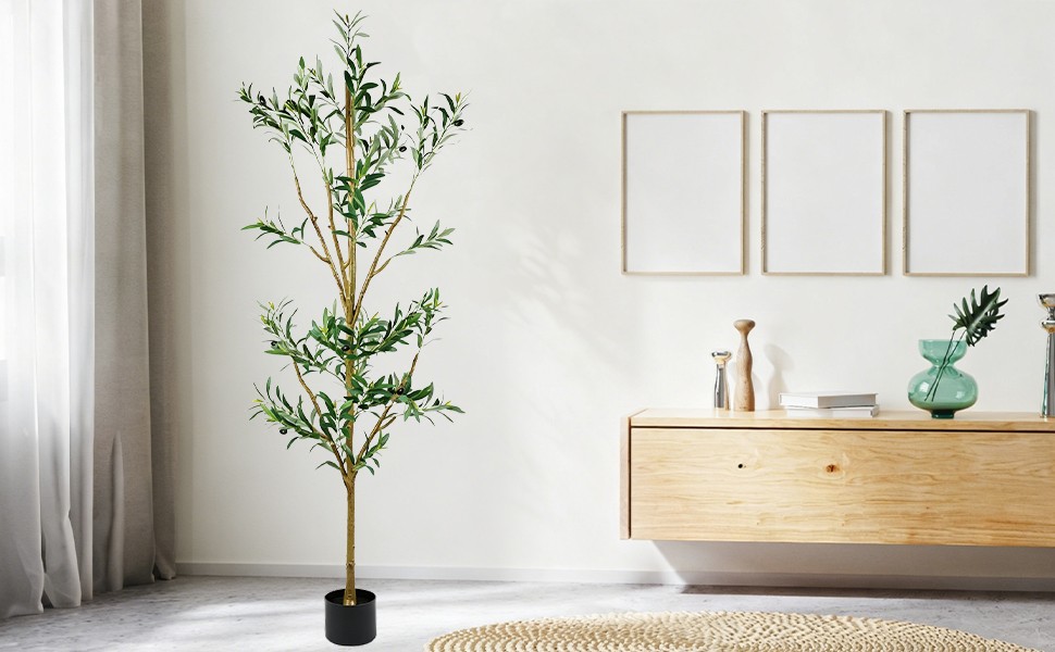 6FT Tall Olive Trees Artificial Indoor Faux Olive Tree Natural Wood Trunk Décor