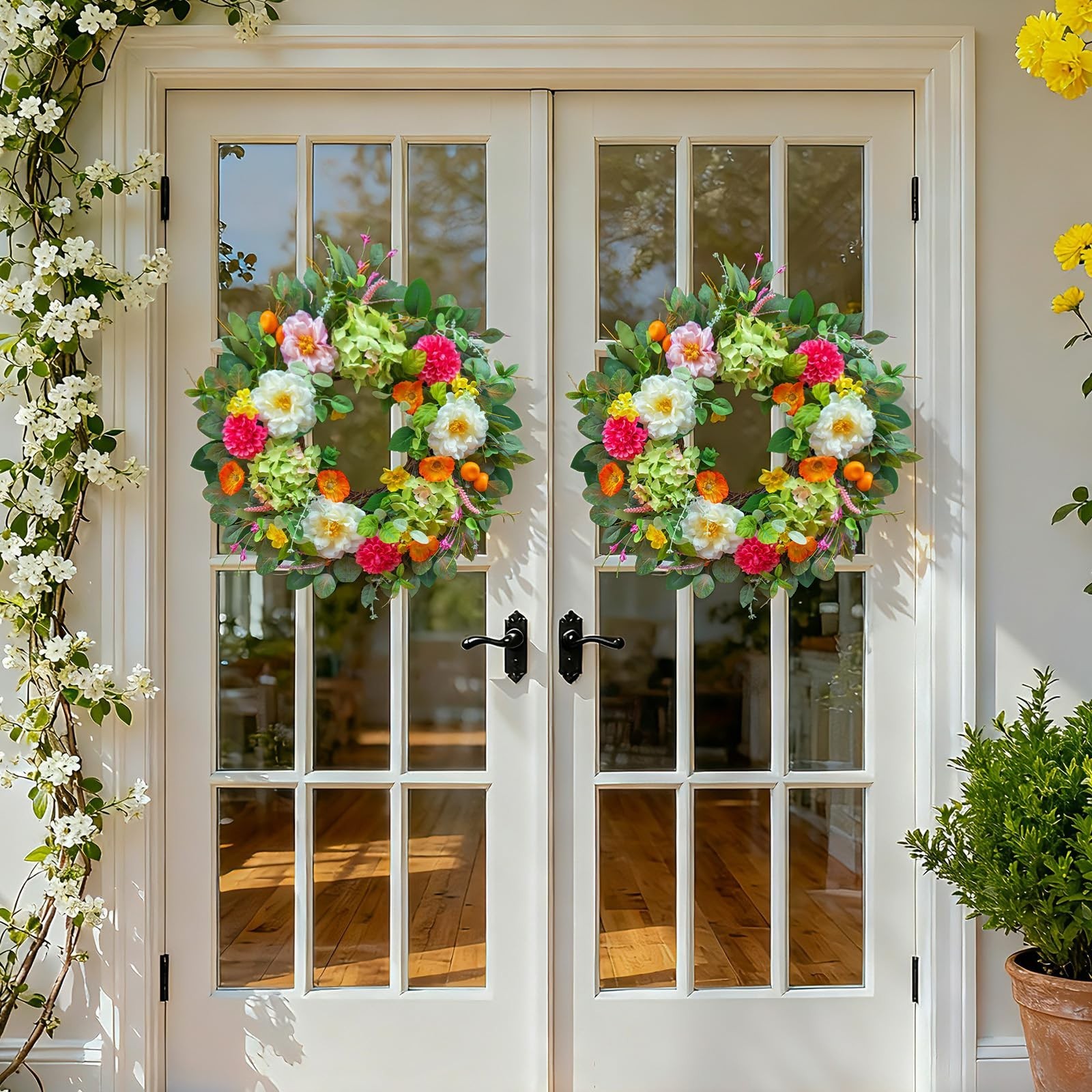 Vibrant 24″ Spring Wreath for Front Door – Peony, Hydrangea & Eucalyptus Decor