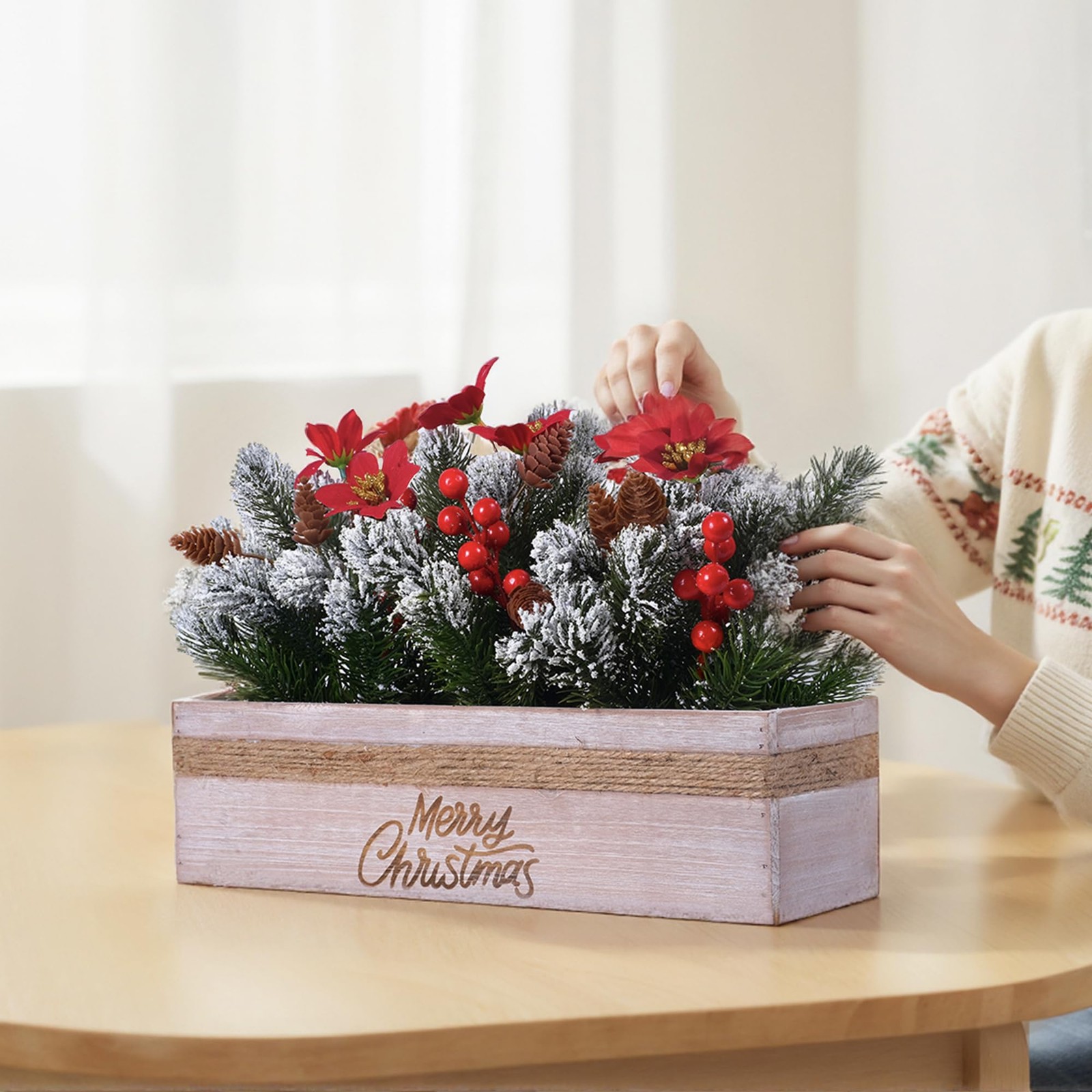 Christmas Table Centerpiece Decorations with Red Poinsettias, Snowy Norfolk P…