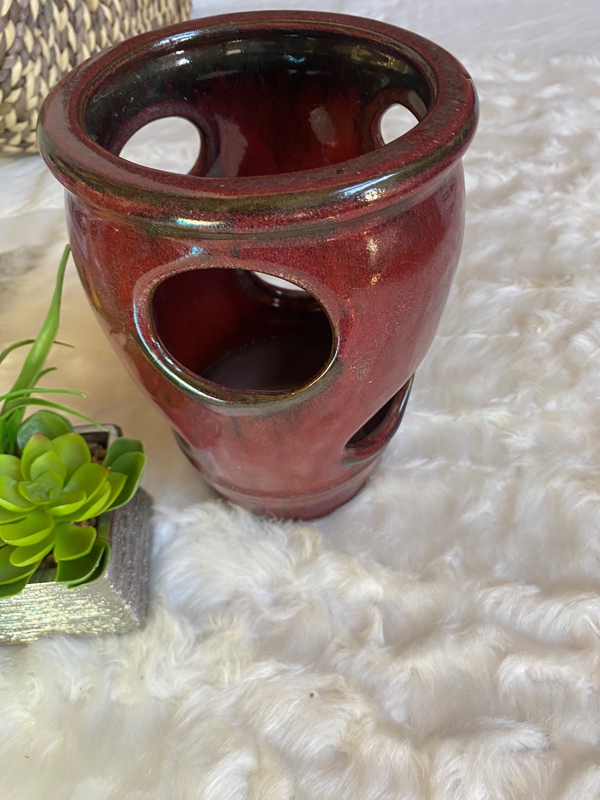 Red Ceramic Planter Pot with Multiple Side Openings and Drainage Hole