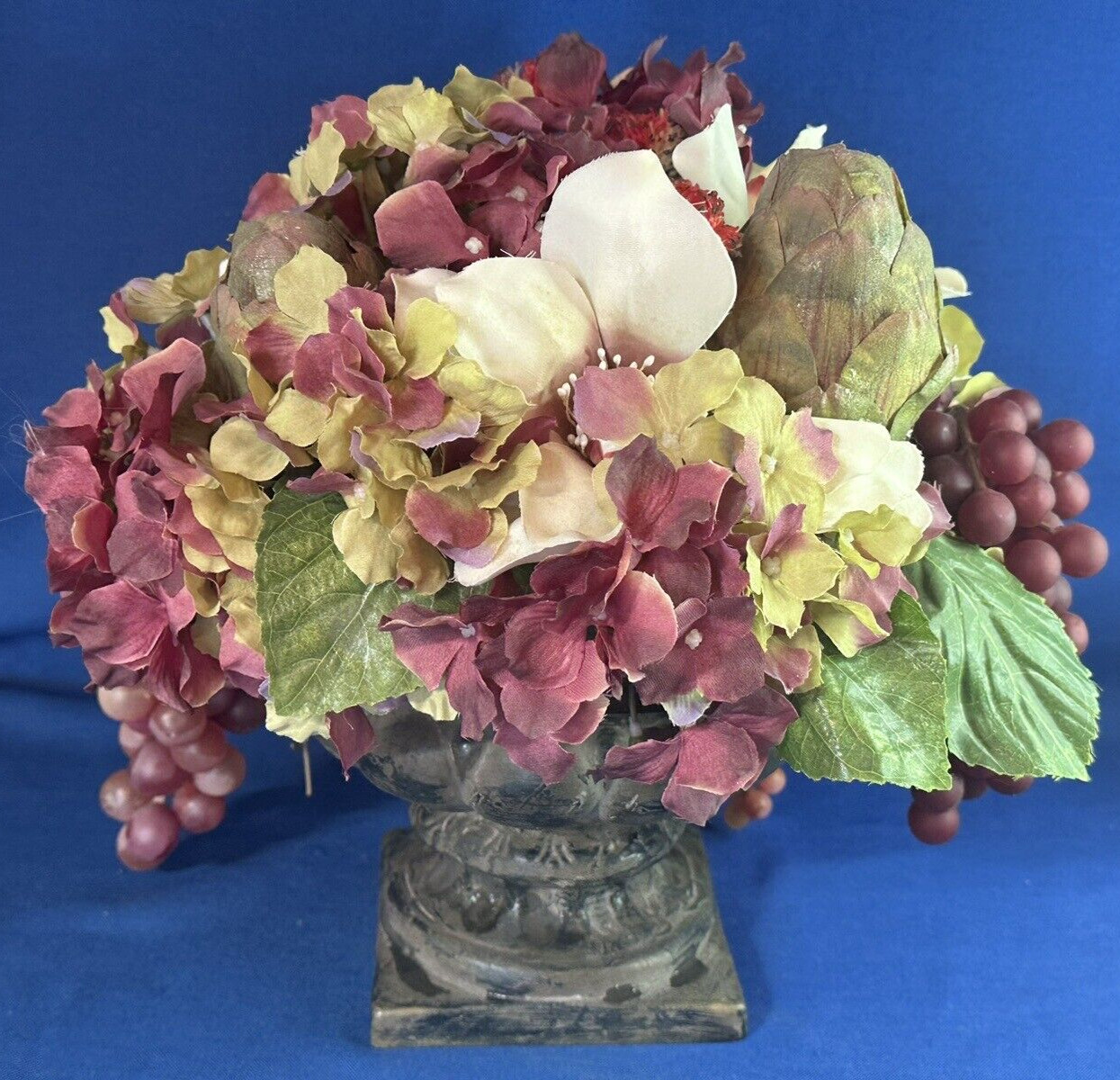 Large Arrangement of Faux Fruits and Flowers Centerpiece in Urn ~ 12.5 h x 13″ w