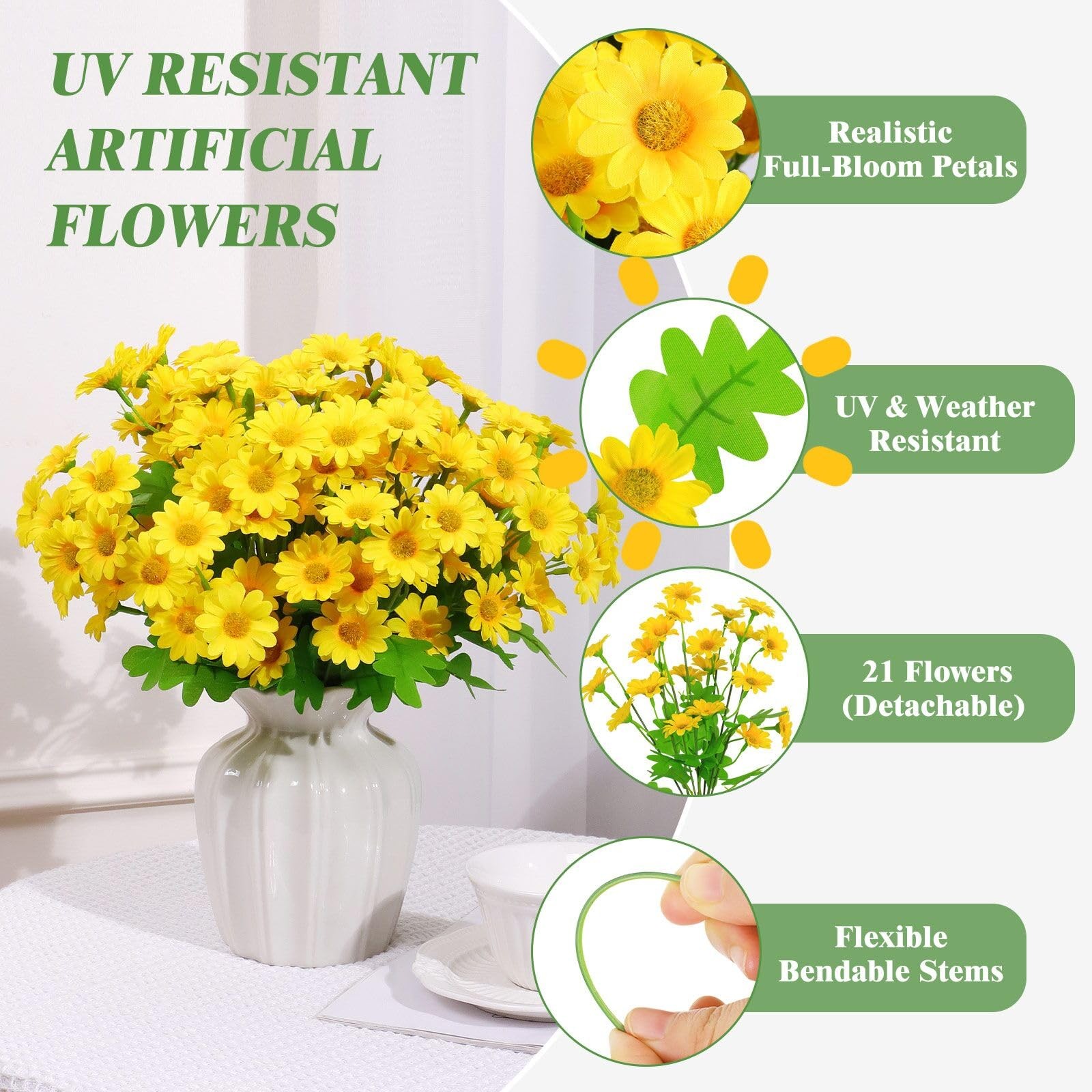Fake Flowers, 12 Bundles Yellow Daisy Flowers, Uv-Resistant Artificial Outdoo…