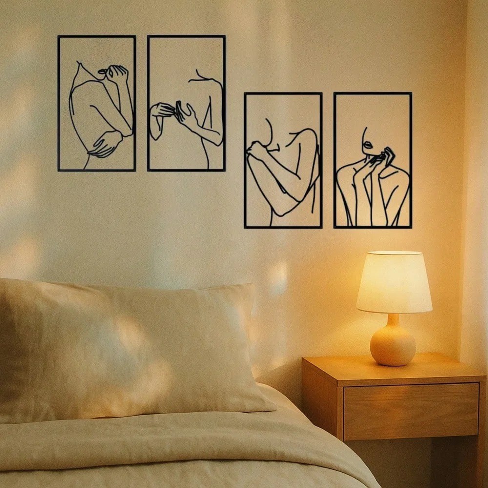 4Pcs Minimalist Black Line Woman Metal Wall Art Waterproof Rustproof Home Decor