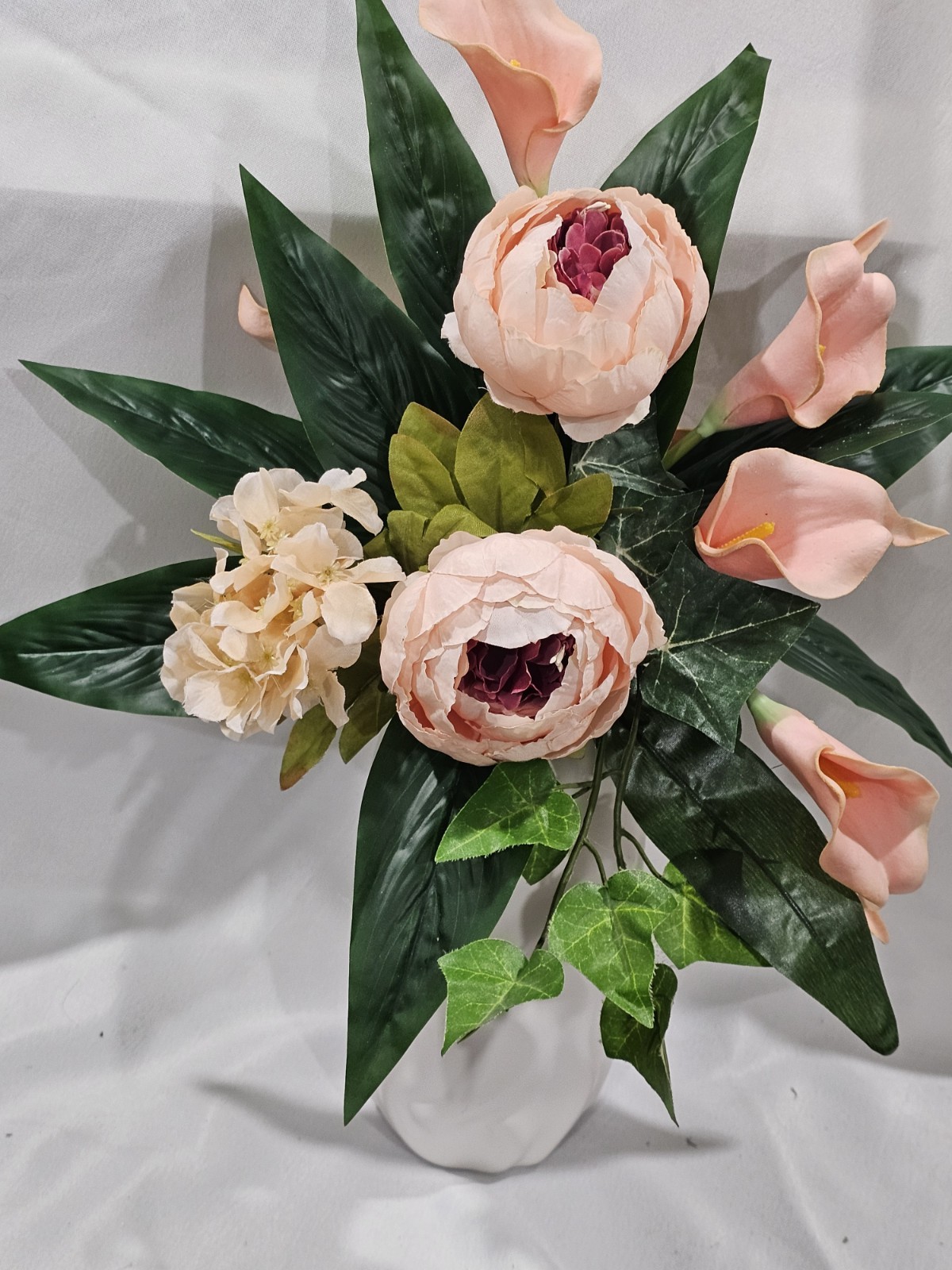 Simple beauty Artificial Peonies Calla with Rich Dark Greenery 17″ H x 15″ W