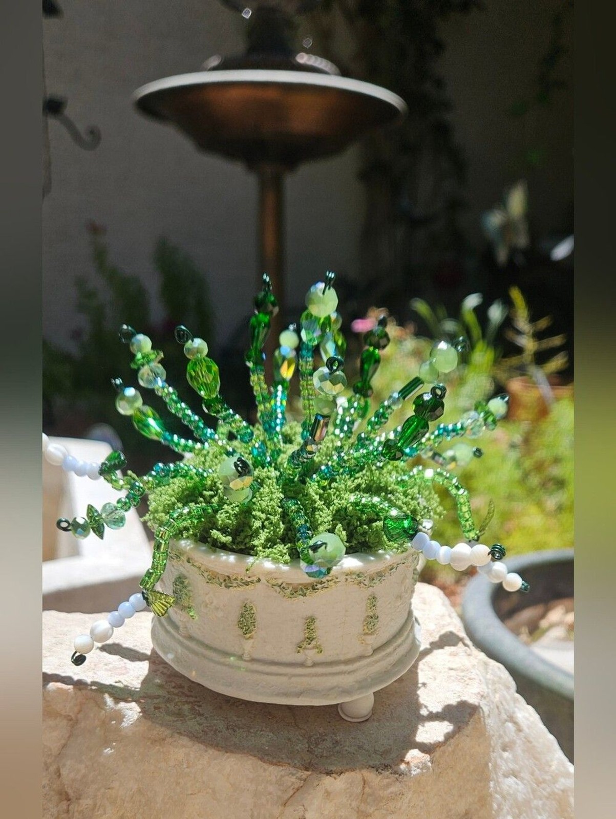 Handcrafted Green Beaded Succulent in White Decorative Pot