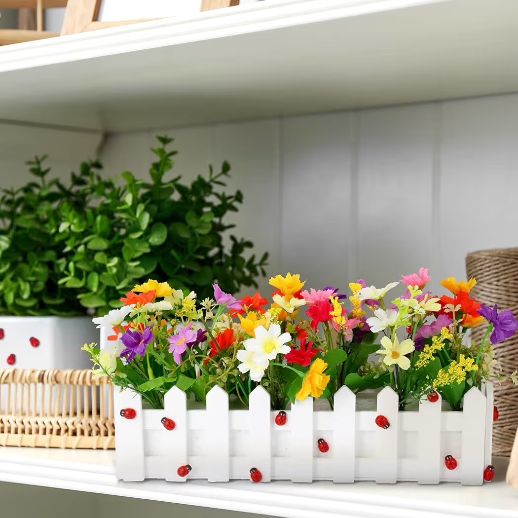 Mixed Color Faux Silk Daisies in Picket Fence Wood Planters for Spring, Set Of 4