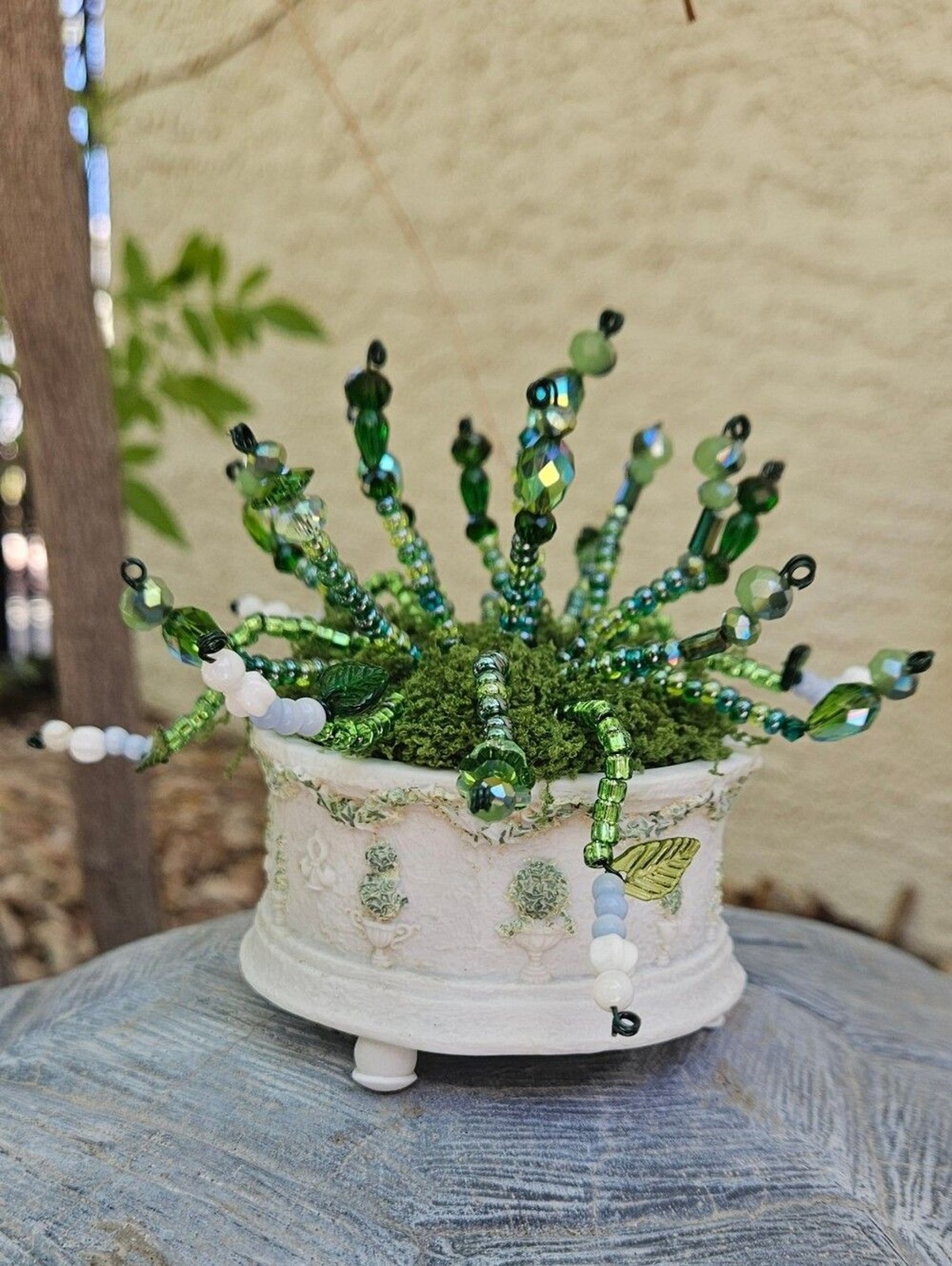 Handcrafted Green Beaded Succulent in White Decorative Pot