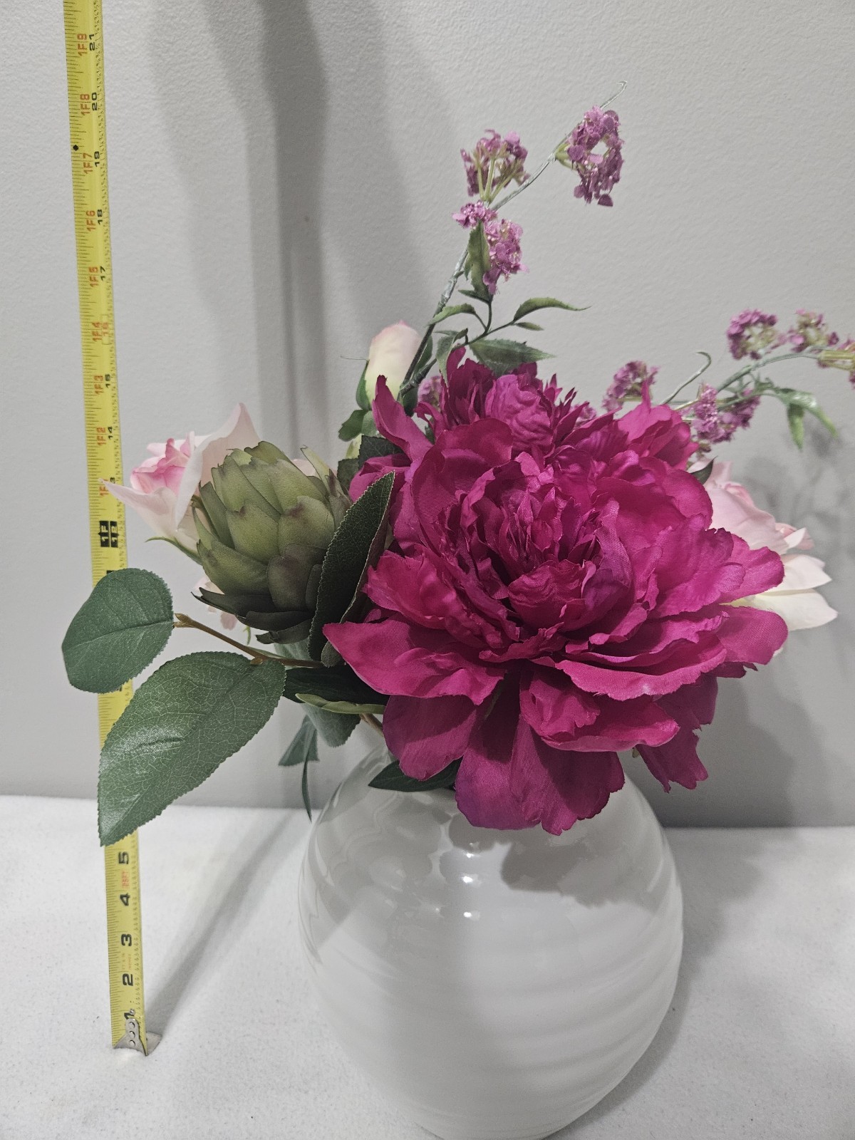Vintage Flower Arrangements in White Ceramic Vase with Faux Water