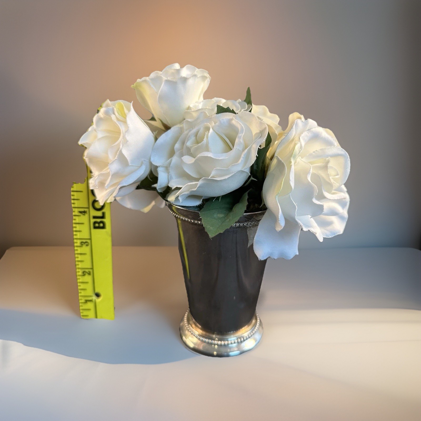 White Silk Flower Arrangement Rose Bouquet Sm Silver Tone Vase Table Centerpiece