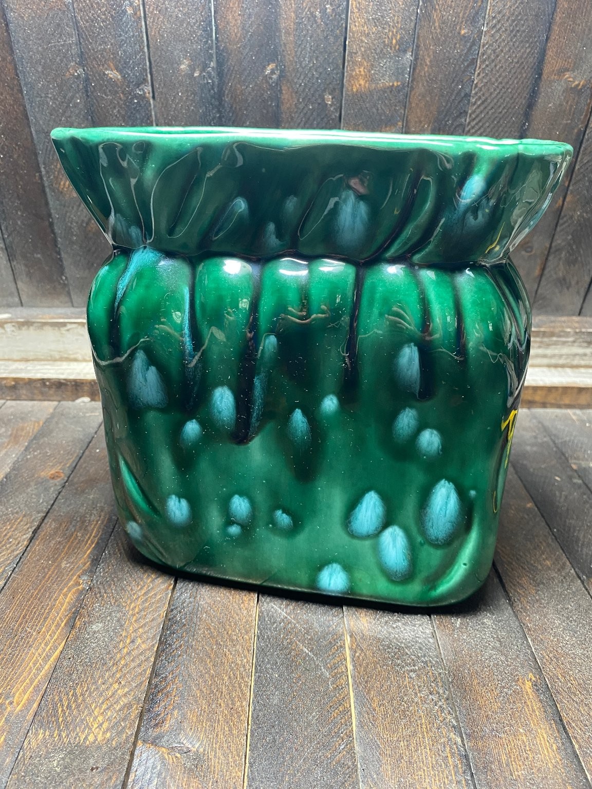 Vintage Ceramic Planter Drip Glaze Mid-Century Modern Vase 1980s Green Blue
