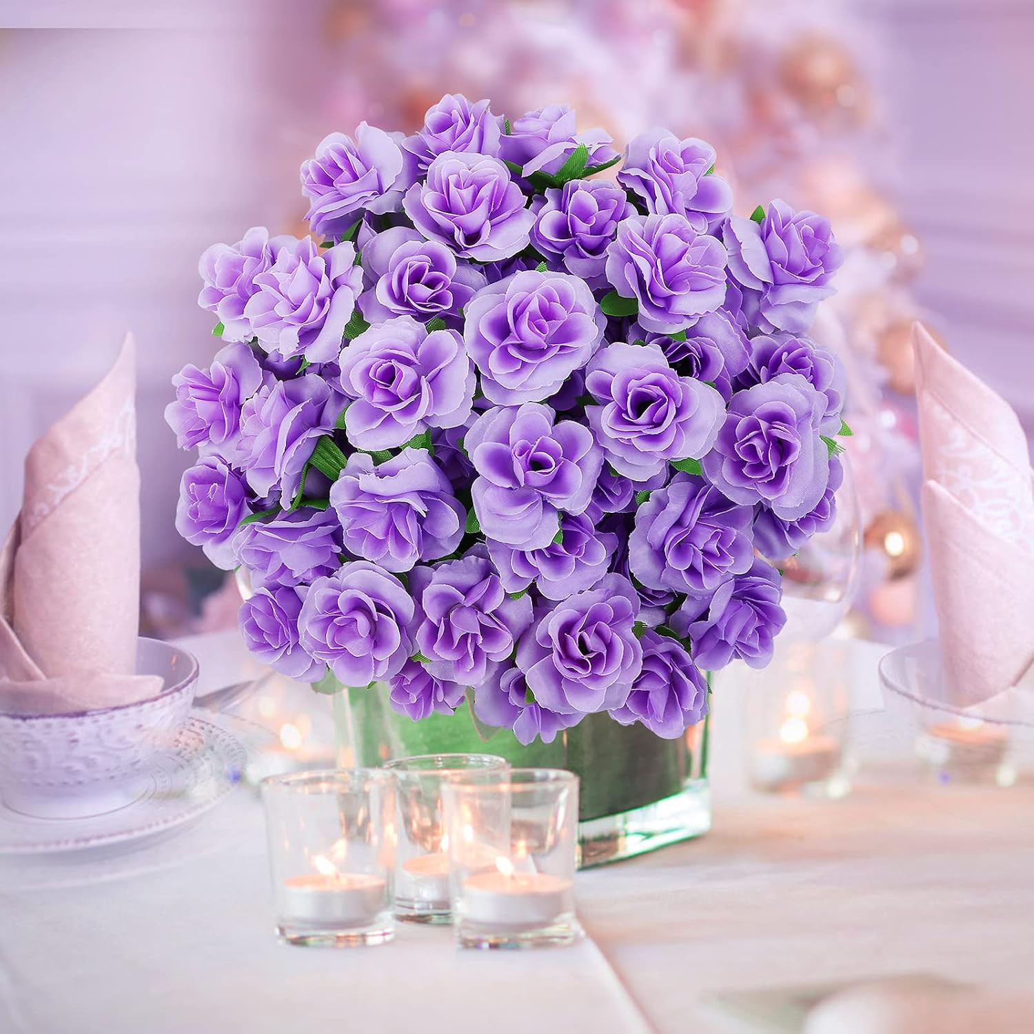 Kesote 50Pcs Purple Roses Artificial Flowers Bulk, 1.6″ Small Silk Fake Roses