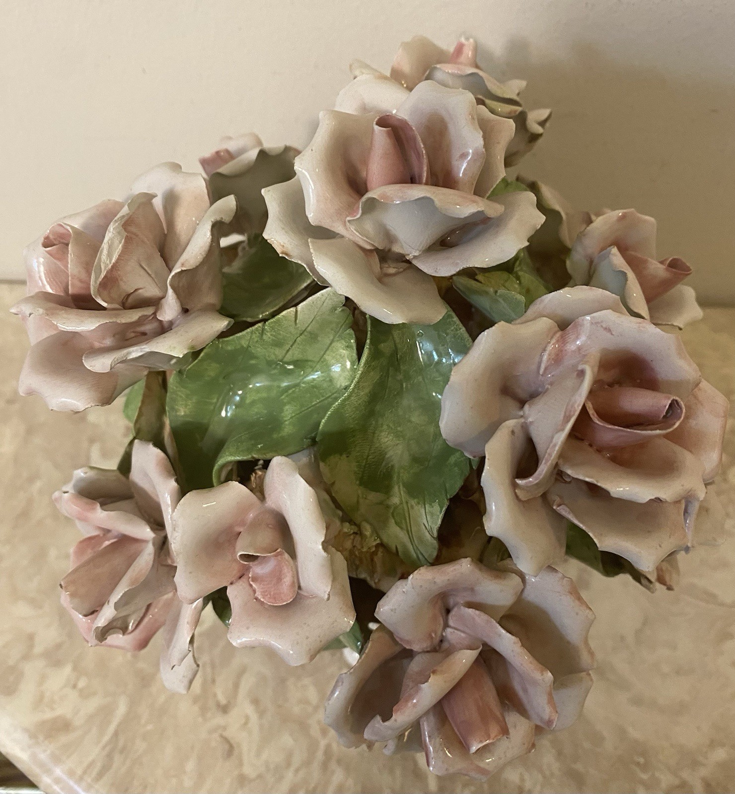 Porcelain Flower Centerpiece Capodimonte Style Italy Pink Roses 6” Tall