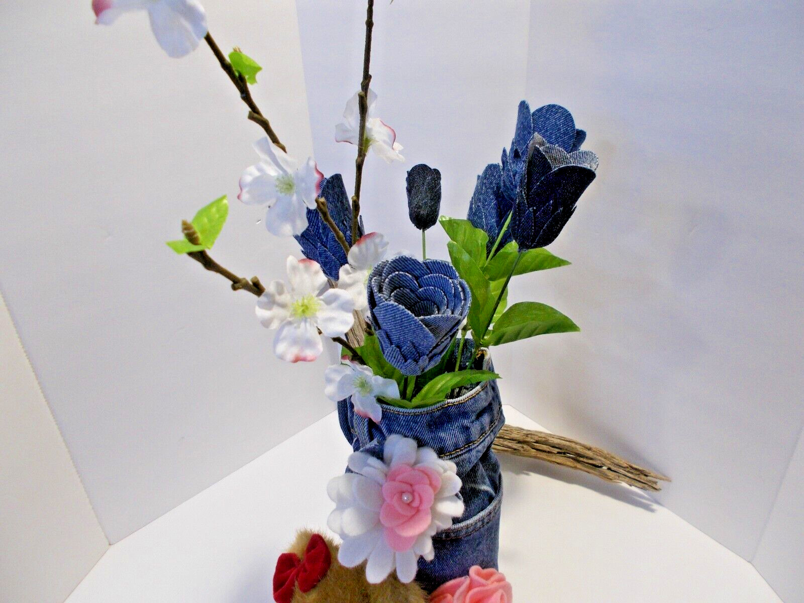 Denim Roses & Flowers in Recycled Denim Jeans Vase and Sm Valentines Hugs Bear