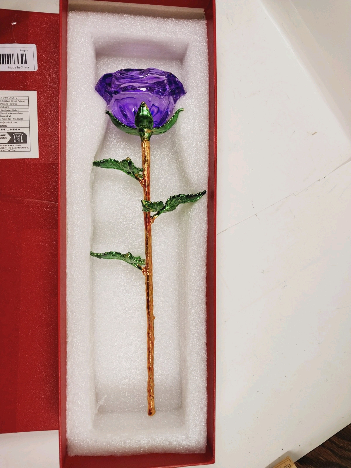 Long Stemmed Purple Rose Figurine Glass Crystal Mothers Easter Event Bling 9.5″