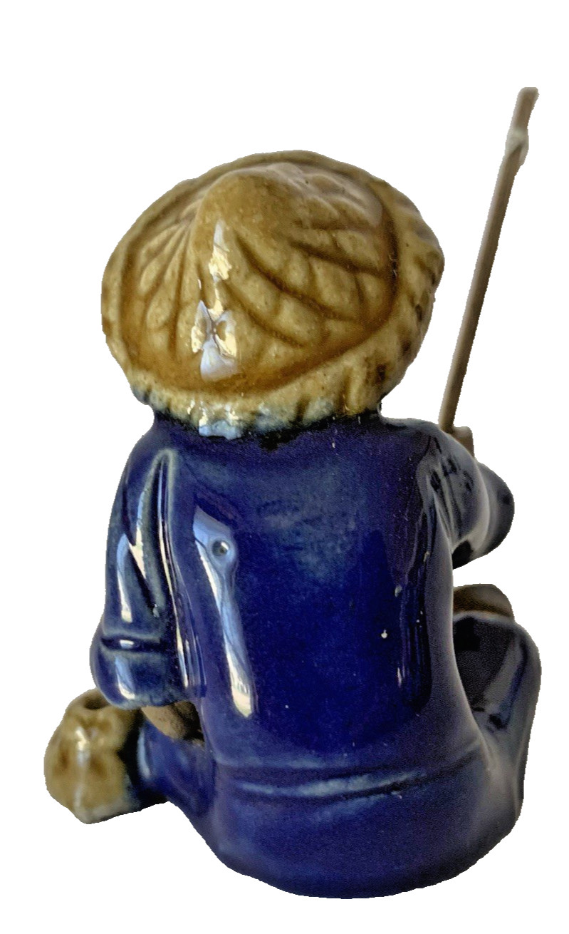 Vintage Lot of 3 Pcs Glazed Pagoda 2 Chinese Mudmen Mud Figure Fishermen Bonsai