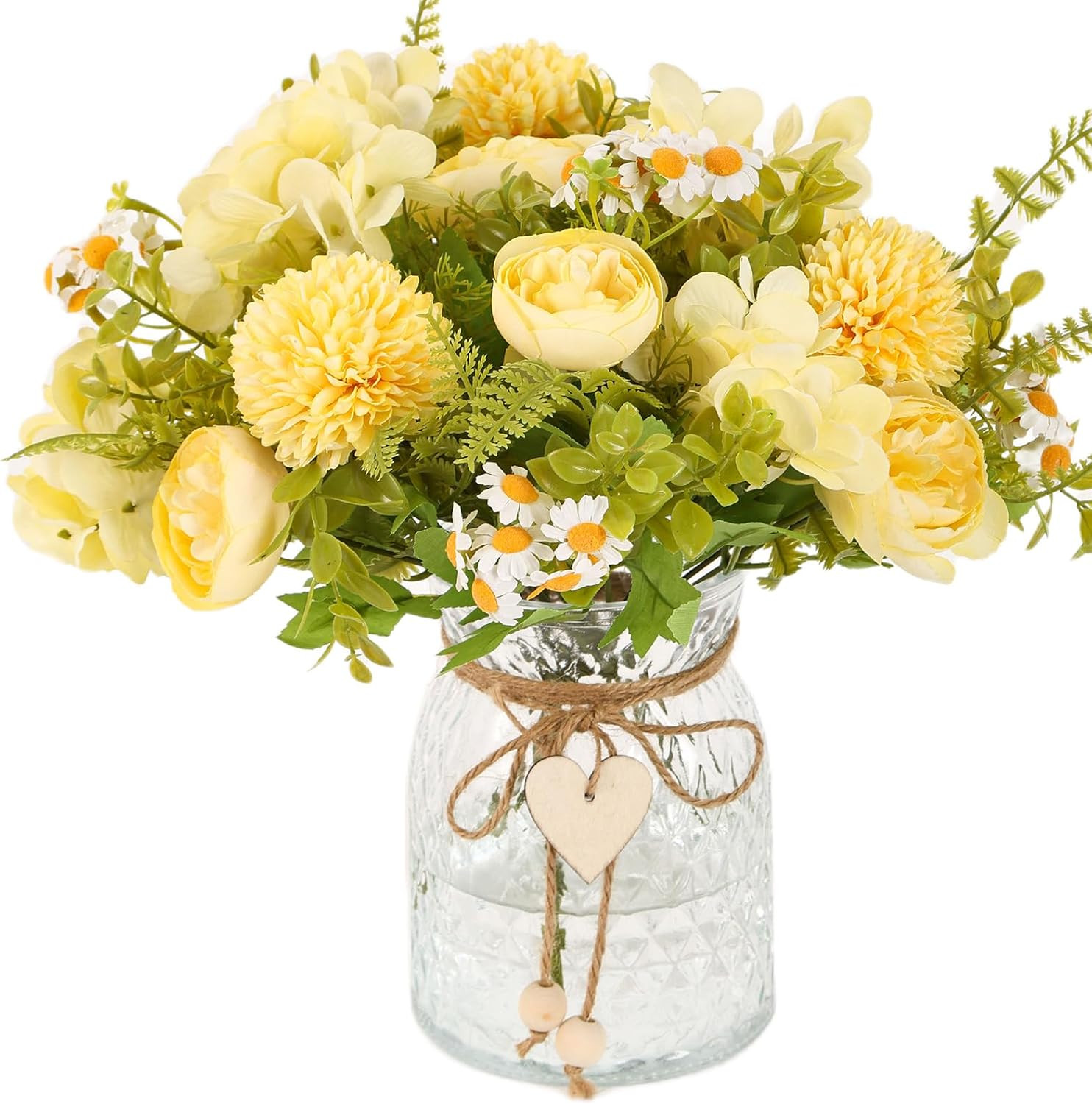 Yellow Faux Flower Arrangement with Vase – Silk Peony & Hydrangeas Centerpiece
