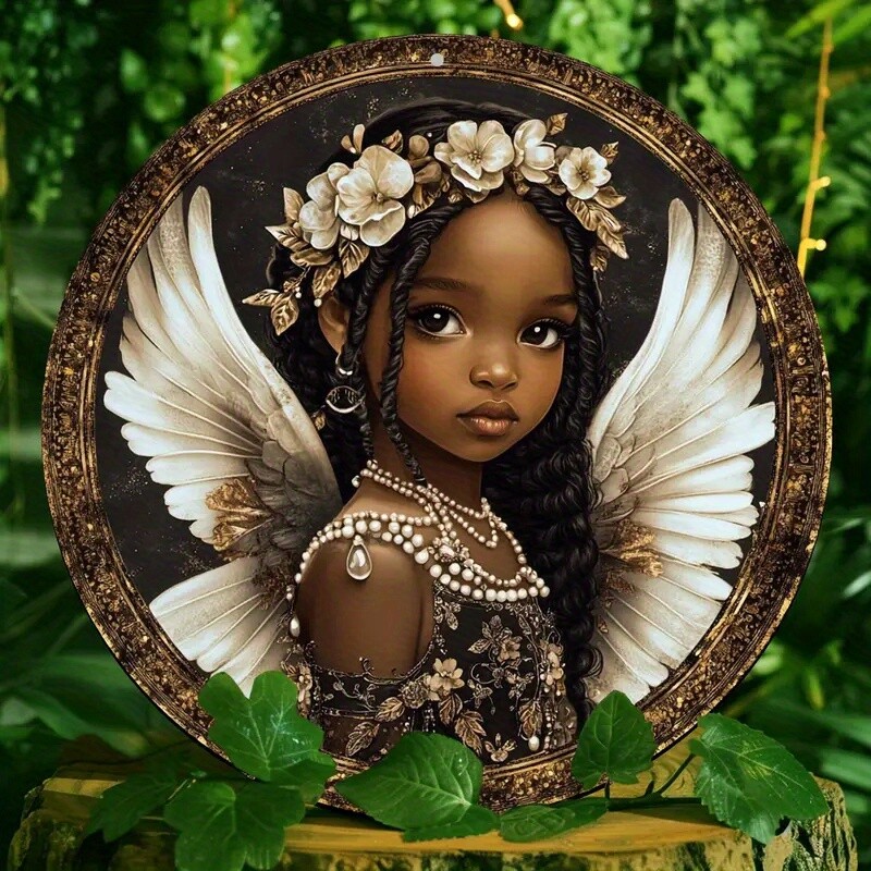 2D Round Flat Printed Acrylic African Angel Doll Sign Gold Cherub Sign
