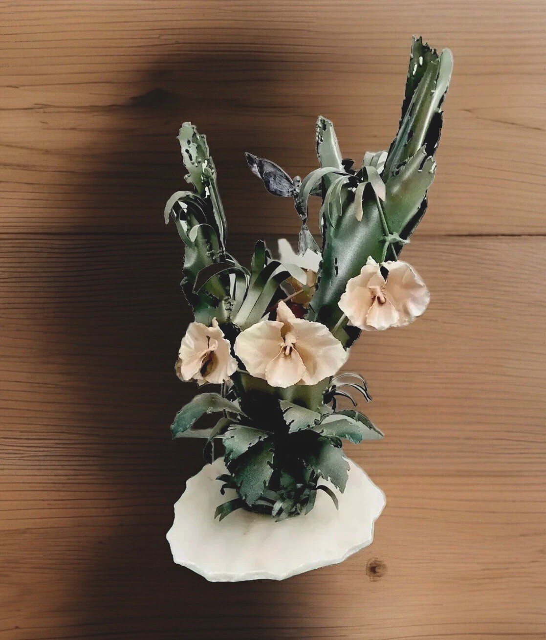 Unique Flower Arrangement Metal Orchids Marble Stand Handmade Hummingbird Signed