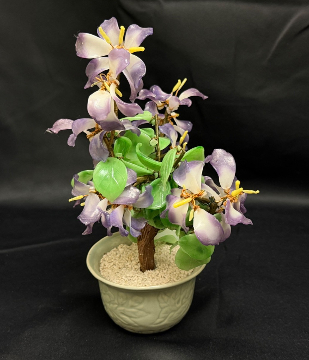 Vintage Jade & Glass Handmade Bonsai Tree Purple & White Flowers 11”