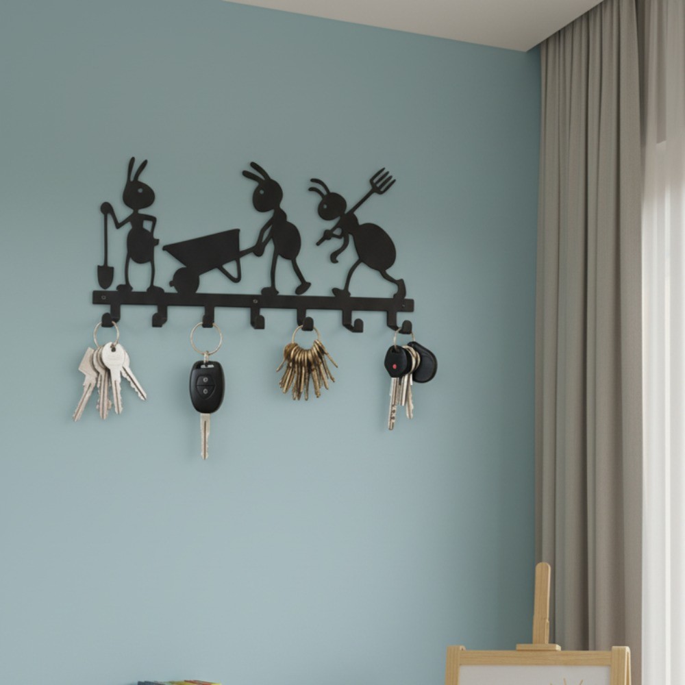 Ant Themed 7-Hook Metal Key Holder Wall Mount Organizer for Kitchen Office