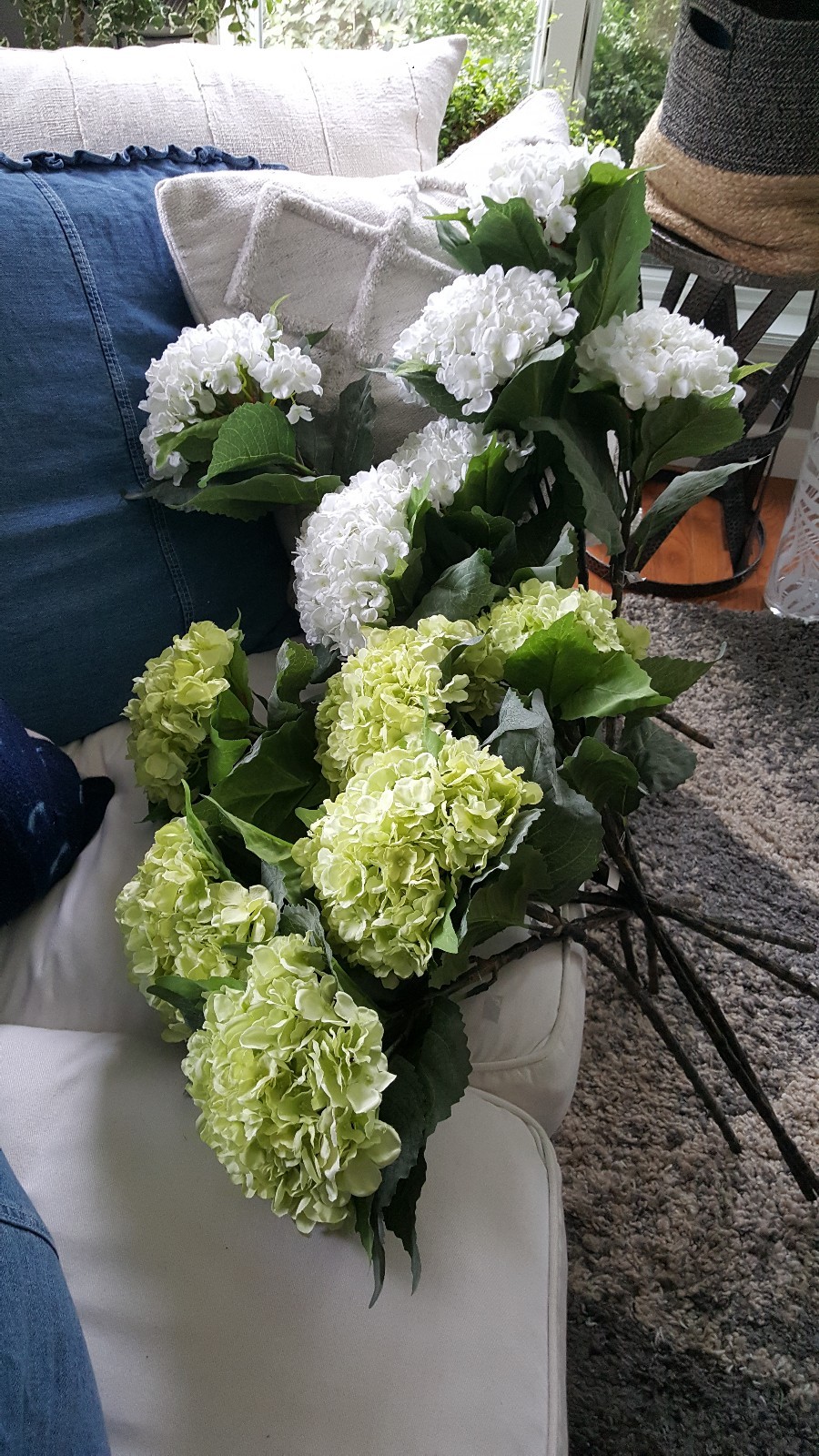 Faux Hydrangea Stems Bundle 12 White & Limelight Green 31 Inch
