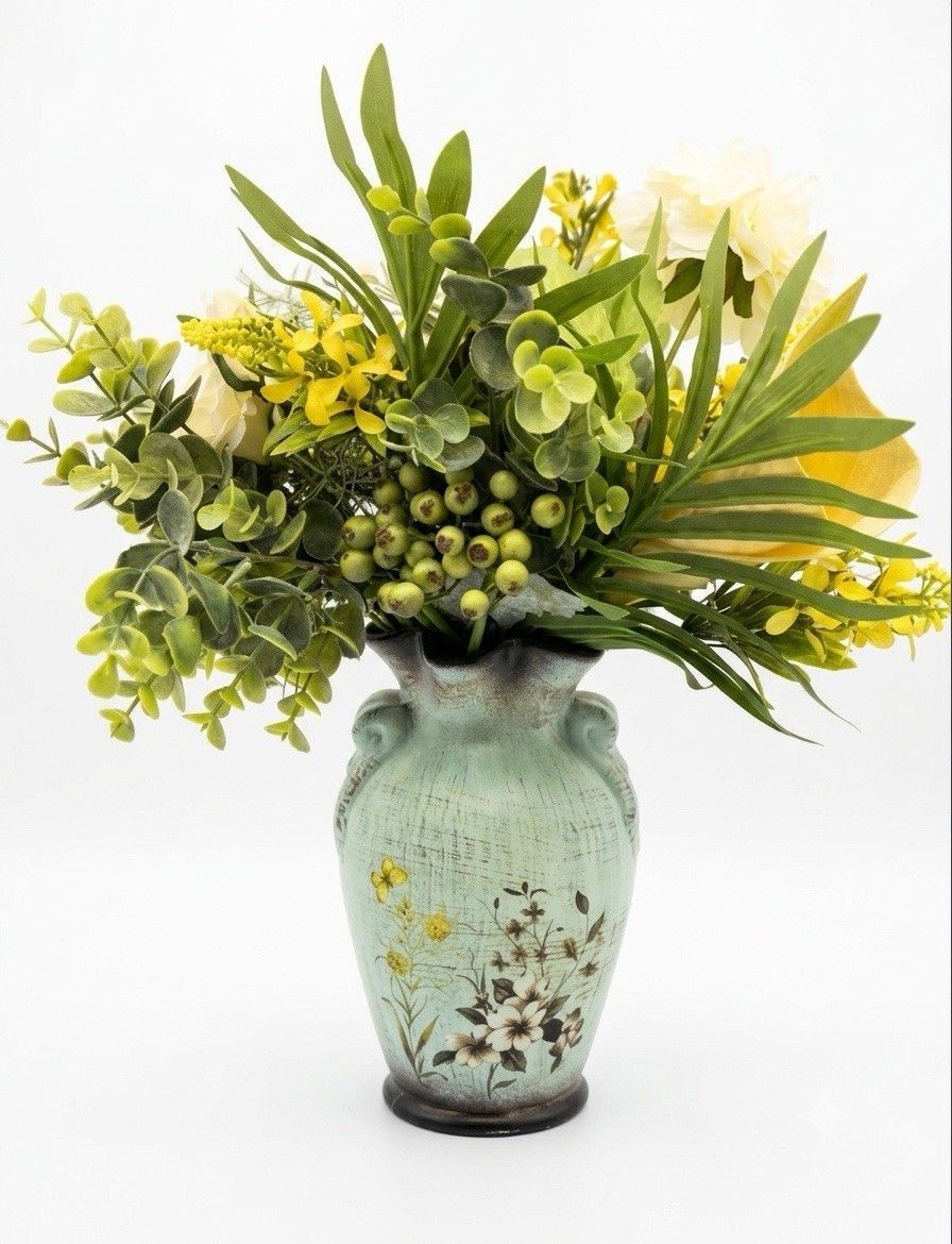 Faux Floral Arrangement in Ceramic Vase Yellow White Home Table Centerpiece