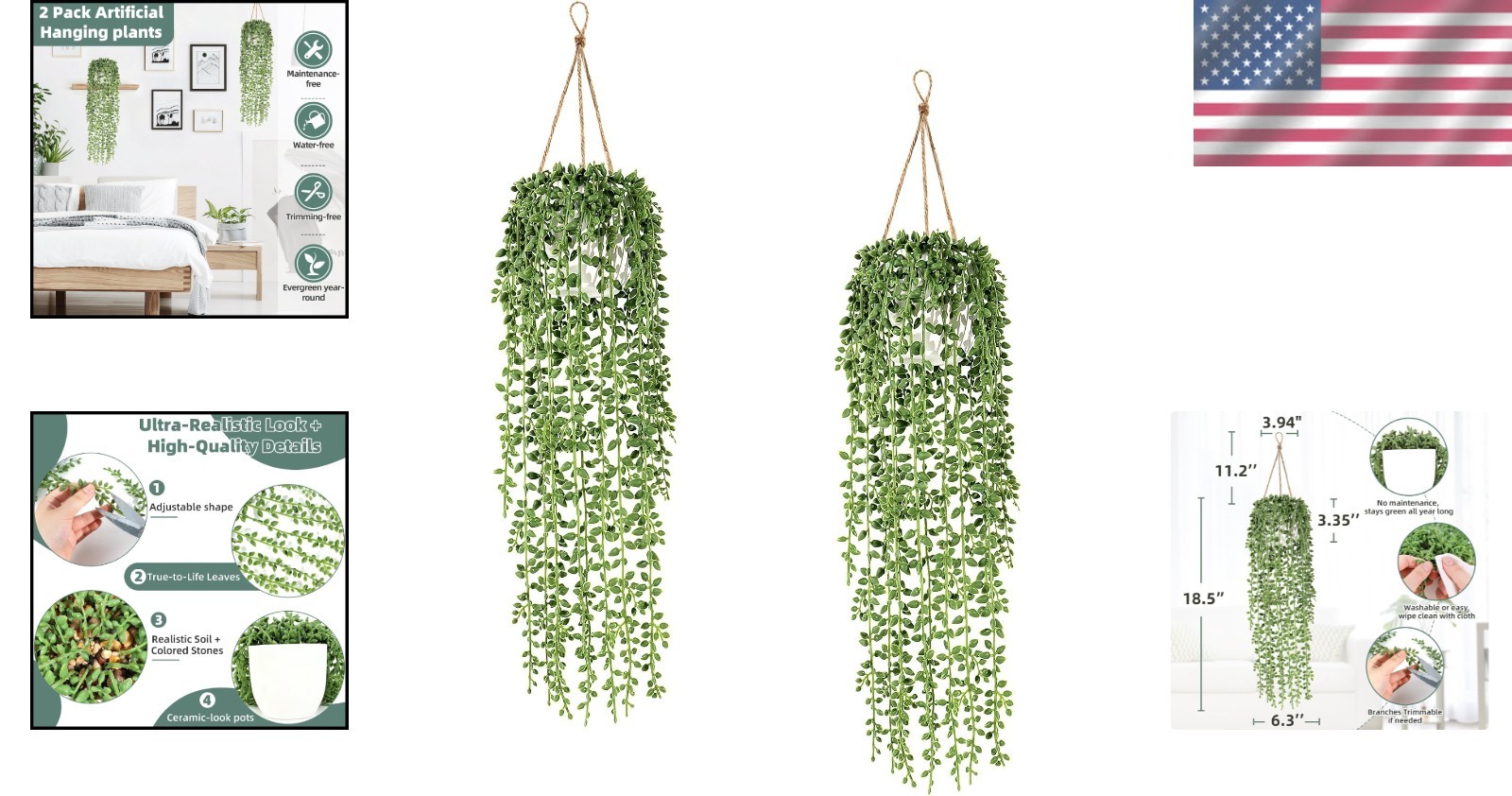 Realistic Faux Hanging Plants 2 Pack String of Pearls for Living Room