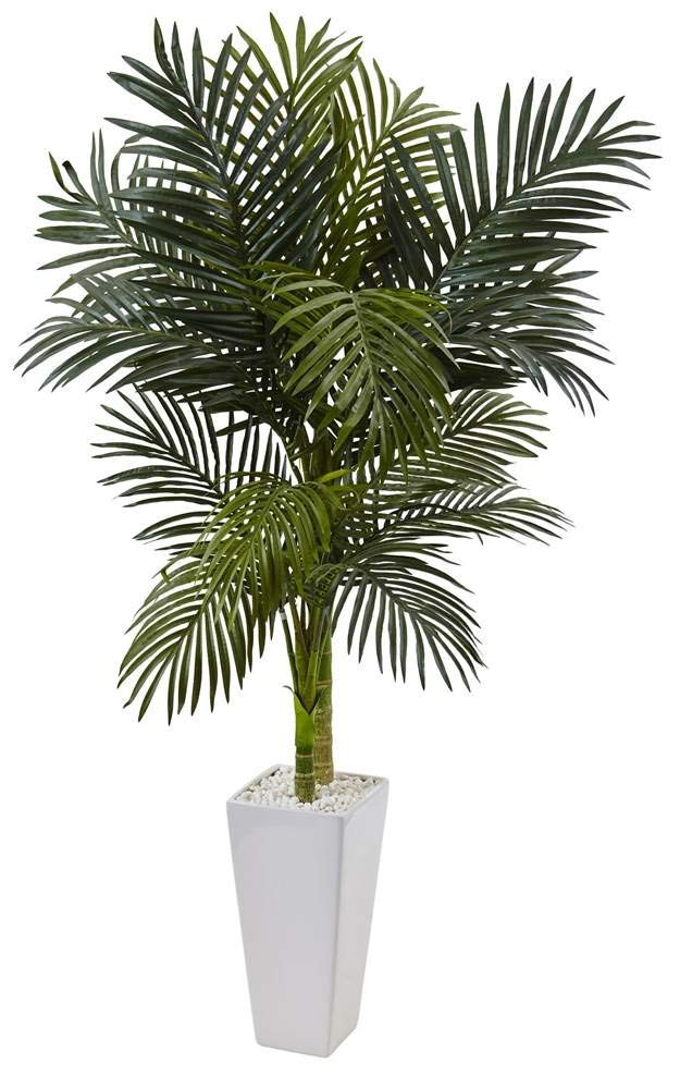 Nearly Natural 5ft. Golden Cane Palm Artificial Tree in White Tower Planter