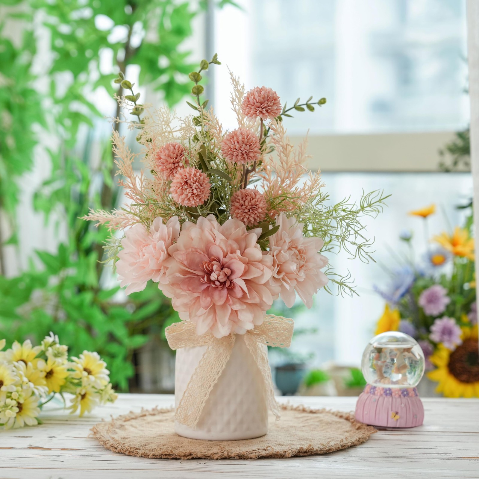 Artificial Flowers with Ceramic Vase Centerpieces – Spring Silk Pink Flower A…