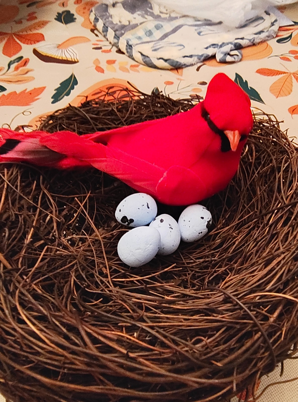 6″ Artificial Cardinal Bird’s Nest with a Cardinal & Blue Eggs.
