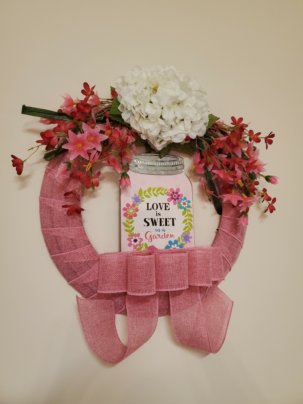 Wreath “LOVE is SWEET in a garden” Pink burlap mesh Pink flowers Decor Door 16″