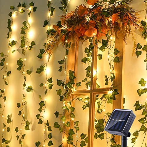Solar Vine String Lights, 33ft 100 LED Solar String Lights, 8 Warm White-Ivy
