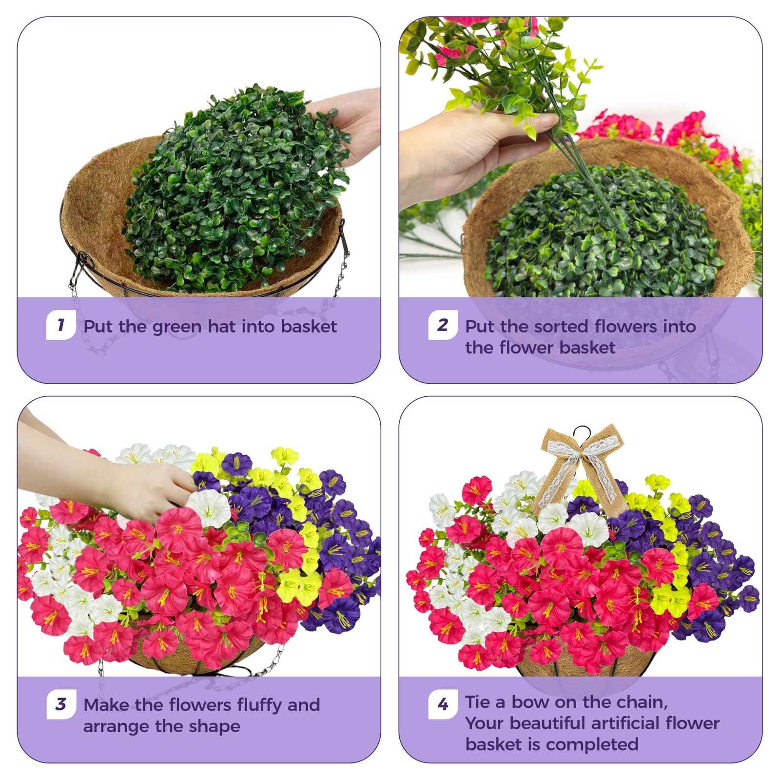 2-Pack Artificial Hanging Flower Baskets with Morning Glory & Linen Bows, Fak…