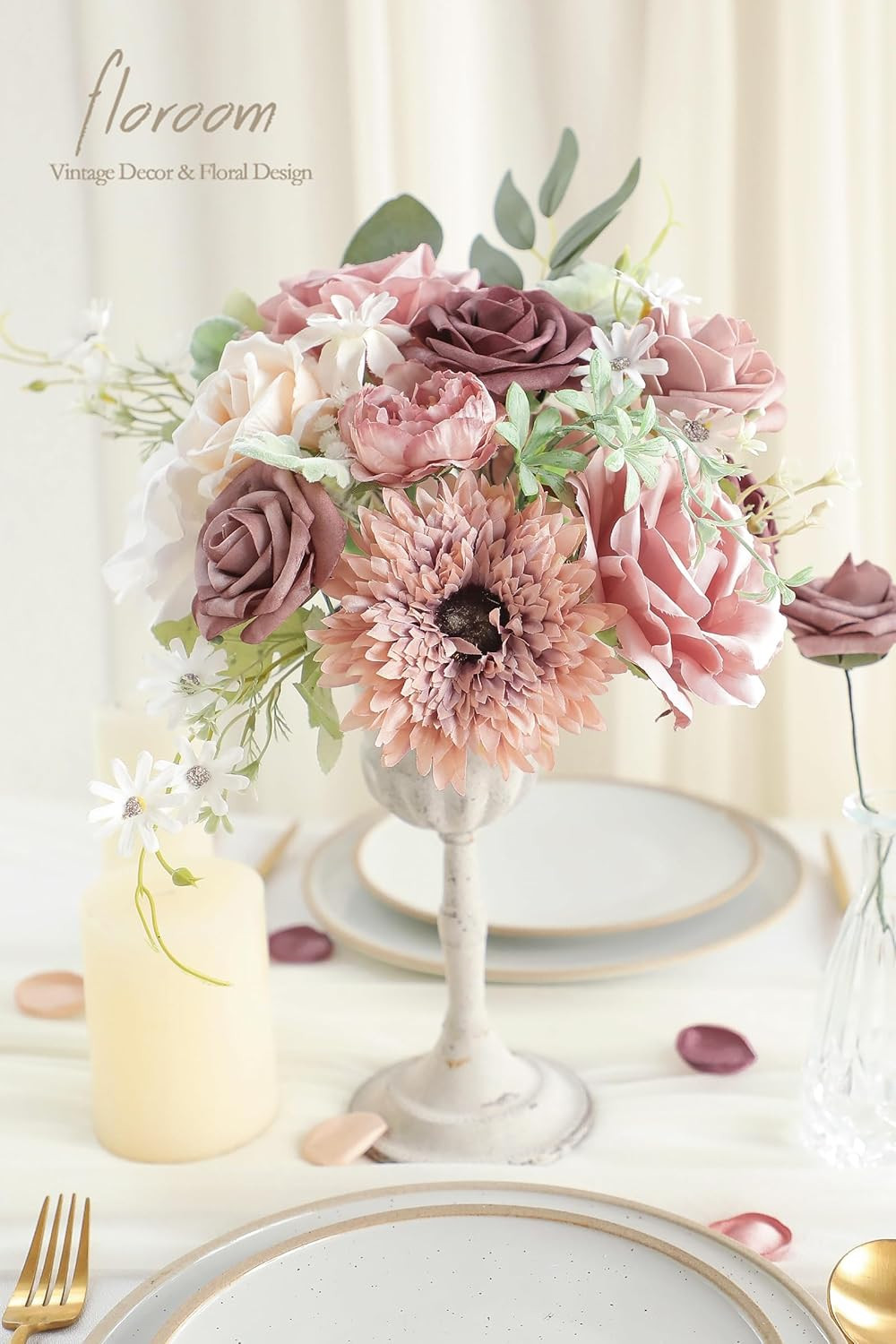 Dusty Rose Mauve Artificial Flowers Fake Roses Peony and Greenery Combo Box Set